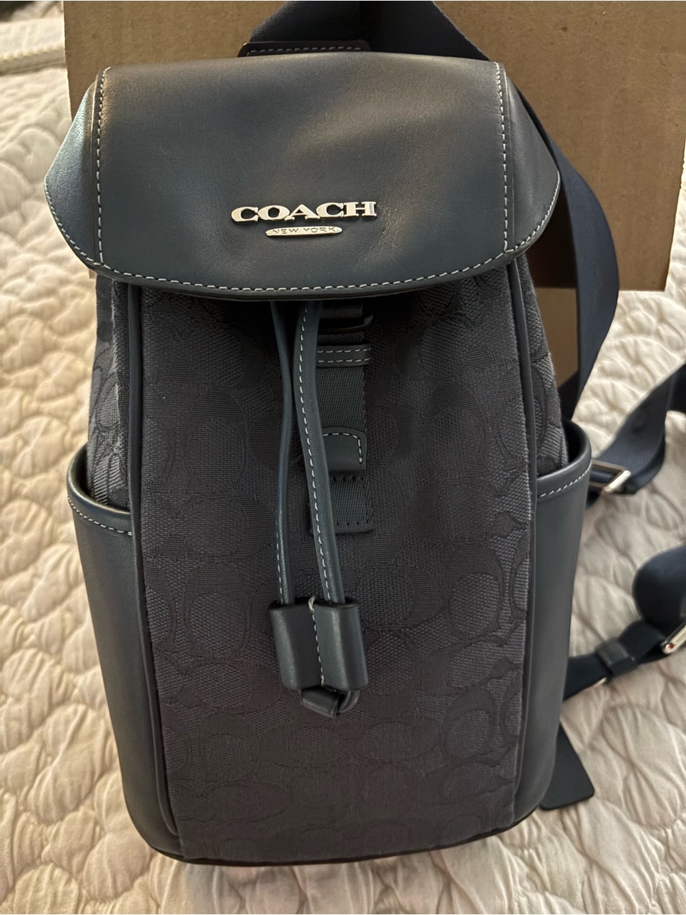 Coach Men’s Charcoal Signature Canvas Sling Backpack